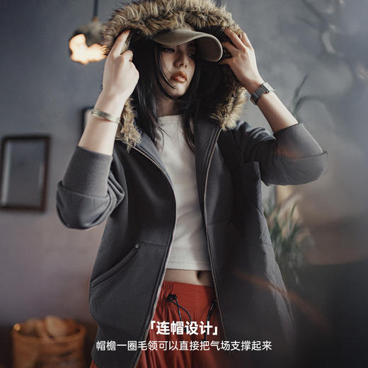 马登美式灰色摇粒绒保暖毛领拉链开衫连帽加厚卫衣外套上衣女秋冬 商品图3