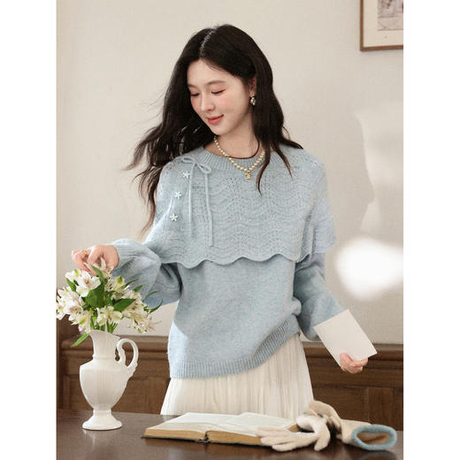 鹿向南「心跳降温」蓝色毛衣女秋冬miu系气质慵懒圆领针织衫上衣 商品图1