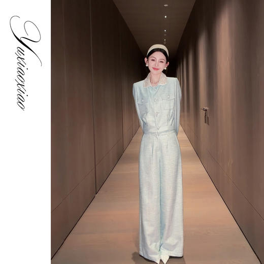 余潇潇【薄荷奶绿】含羊毛醋酸桑蚕丝小香风外套&宽松直筒休闲裤 商品图4