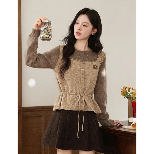鹿向南「榛果手记」假两件棕色毛衣女秋冬新款洋气高级针织衫上衣 商品图0