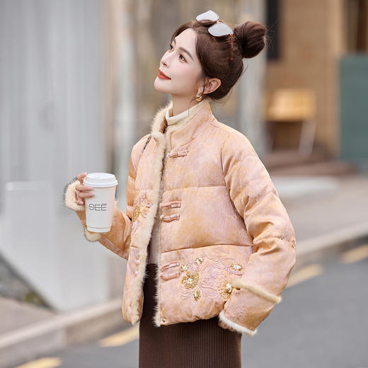 新中式水貂绒拼接刺绣羽绒服冬款时尚百搭气质国风保暖外套BBL5211 商品图1