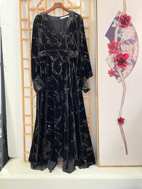 「断码清仓」超美下摆不规则烫金进口金丝绒裙秋冬连衣裙 L码  ZFYY284