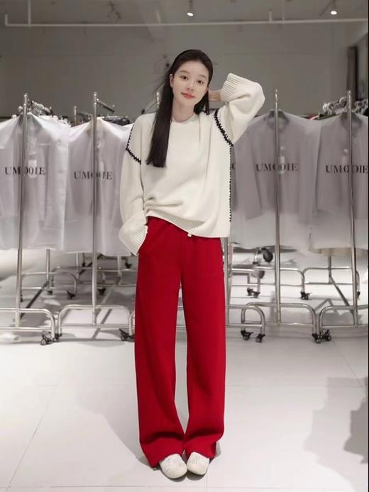 F010407冬季新款加绒加厚拉腿显瘦红色羊毛阔腿裤 商品图10