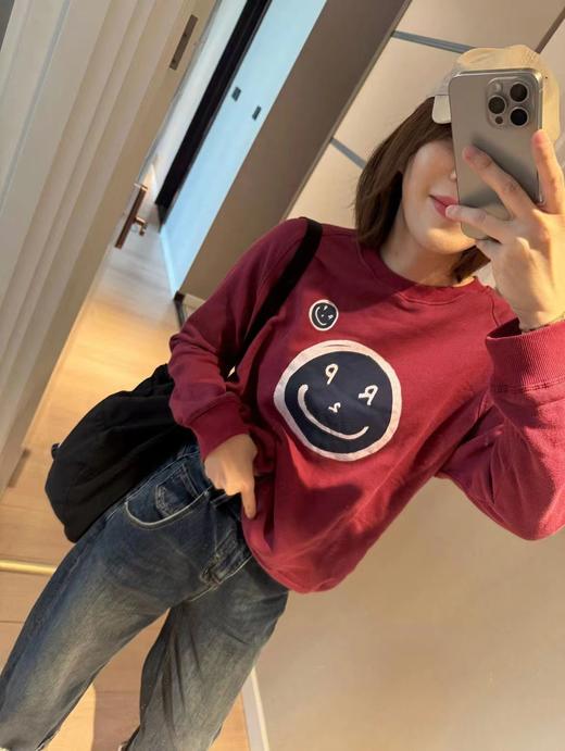F010417休闲复古蓝调笑脸印花加绒上衣宽松下摆抽绳外穿女士卫衣 商品图1