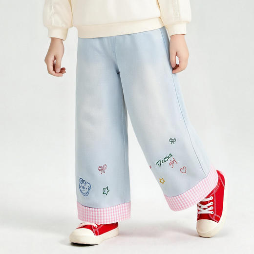 笛莎Deesha 童装女童裤子2026春新款可露丽风软萌绣花白水洗棉牛仔阔腿裤 商品图1