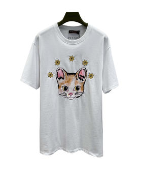 女款猫咪印花刺绣宽松短袖T恤ba012