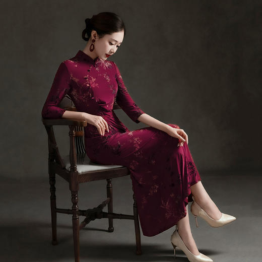 收腰鱼尾国风新中式长袖旗袍改良年轻款高级感修身旗袍SC22096 商品图0