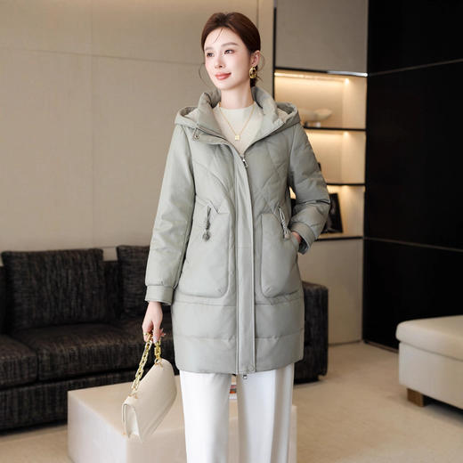 丁摩 真皮羽绒服女中长款绵羊皮加厚显瘦皮衣外套连帽5181-1 商品图2