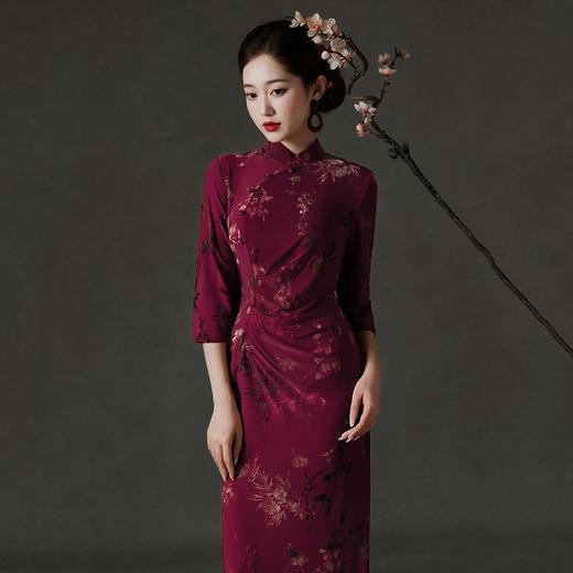 收腰鱼尾国风新中式长袖旗袍改良年轻款高级感修身旗袍SC22096 商品图3