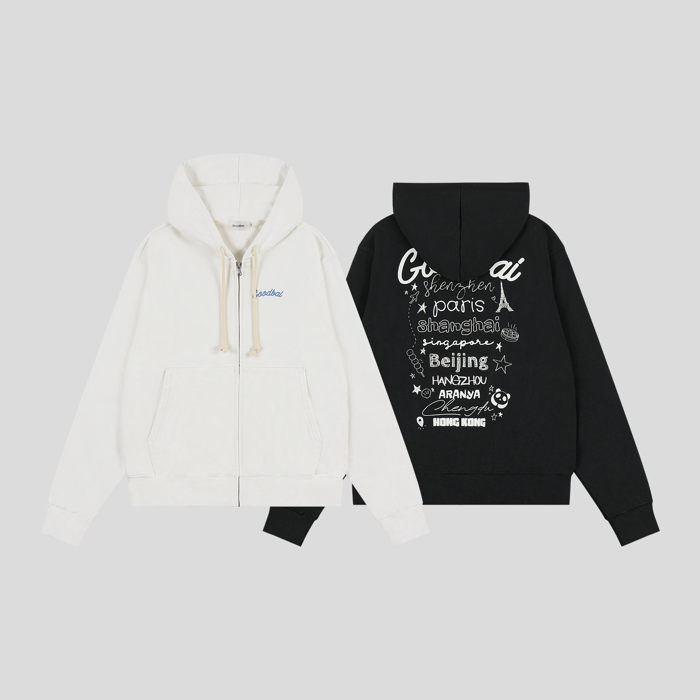 GOODBAI 新款城市系列休闲宽松撞色印花连帽拉链卫衣外套男女同款