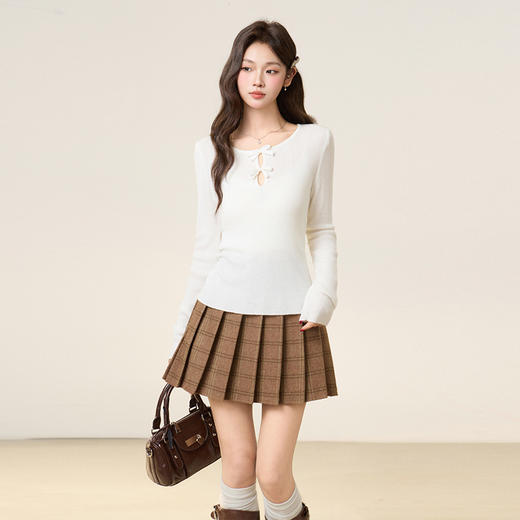 西遇内搭打底衫女2026年春季新慵懒镂空蝴蝶结美式纯色修身针织衫SS060054 商品图4
