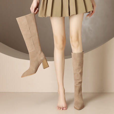【预售5天】显瘦磨砂皮高筒靴女秋冬季新款尖头粗跟高跟不过膝长靴纯色小腿靴T688 商品图2