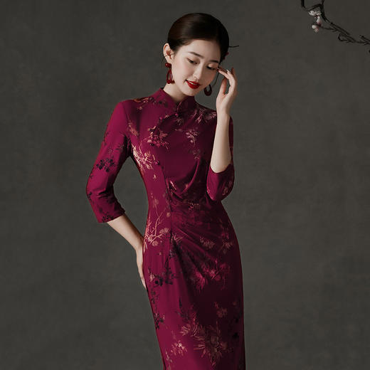 收腰鱼尾国风新中式长袖旗袍改良年轻款高级感修身旗袍SC22096 商品图2
