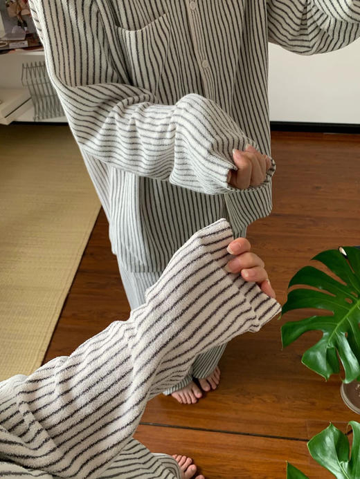 官网599！AR轻暖绒女士长袖长裤条纹翻领睡衣套装 时尚舒适可外穿家居服 高支半边绒董洁同款 商品图9