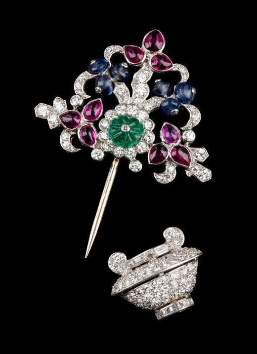独角鹿西洋古董1930年代法国著名珠宝品牌Ostertag出品花篮造型18K白金镶嵌红宝石蓝宝石祖母绿及钻石胸针 商品图3