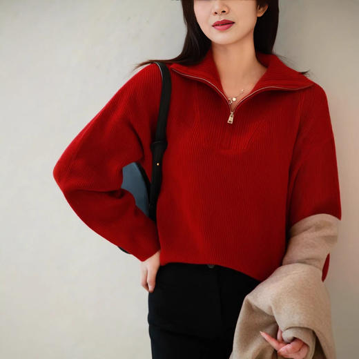 小禾新年系列！2026纯羊毛V领针织衫设计感斜肩纽扣高领毛衣女款！ 商品图2
