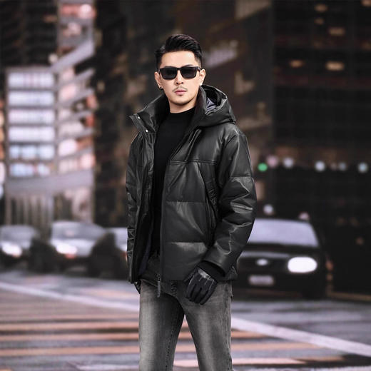 丁摩 海宁真皮皮衣男士牛皮羽绒服可脱卸连帽白鹅绒保暖外套6815 商品图1