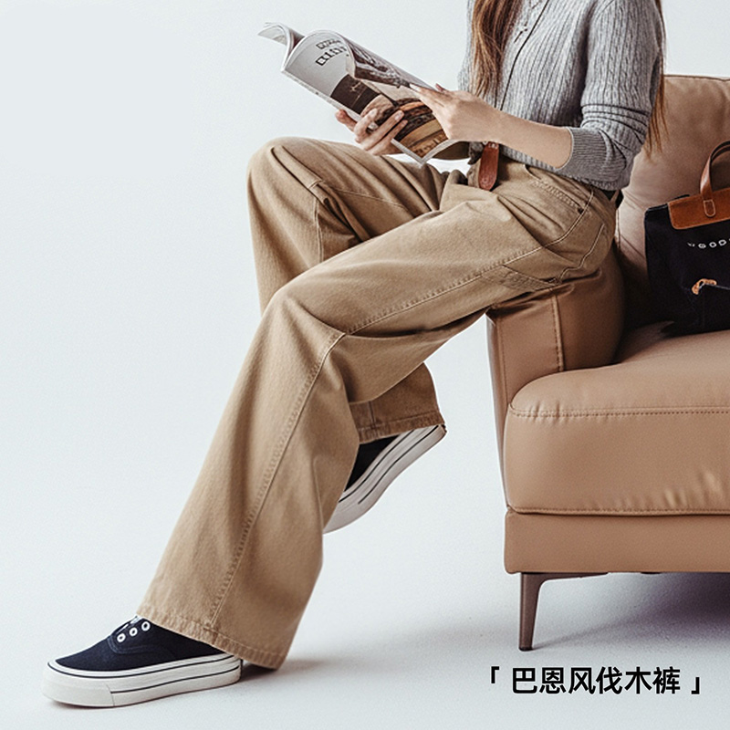 马登卡其色复古工装巴恩风伐木裤纯棉窄版直筒显瘦长裤子女士春季