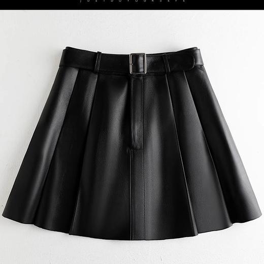 丁摩 绵羊皮真皮半身裙女高腰高级感美式a字百褶皮裙02 商品图3