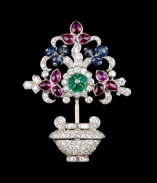 独角鹿西洋古董1930年代法国著名珠宝品牌Ostertag出品花篮造型18K白金镶嵌红宝石蓝宝石祖母绿及钻石胸针 商品图1