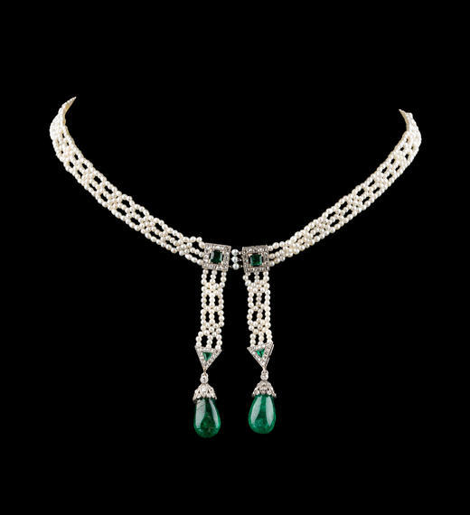 独角鹿西洋古董1905年代法国顶级珠宝品牌卡地亚出品18K黄金铂金镶嵌种子珍珠钻石及哥伦比亚祖母绿双穗式吊坠项链 商品图2