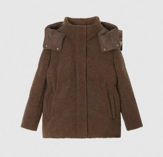 冬日「软绒哲学」深咖秘境 羊毛针织泰迪绒羽绒服 舒适包容廓形 羊毛针织泰迪绒 触感柔软毛圈结构 立领连帽结构 保持流畅线条 藏肉于无形 商品图8