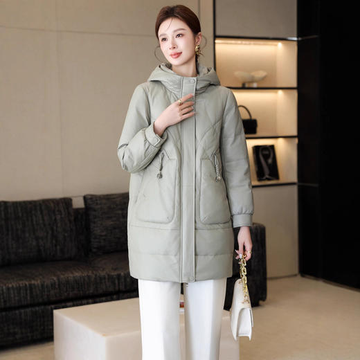 丁摩 真皮羽绒服女中长款绵羊皮加厚显瘦皮衣外套连帽5181-1 商品图0