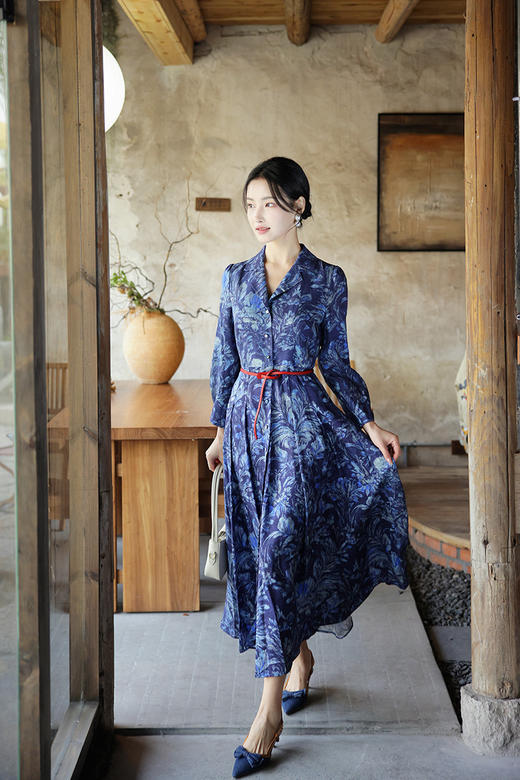 【多件多折】逸红颜明月优选#沉静棉麻印花裙【莳光】职场西装领撞色连衣裙，古色古香日常款新中式，风静绽芳华 商品图10