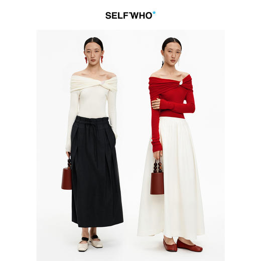 SELFWHO可机洗绵羊毛混纺新年红打底针织衫女2026春新款露肩毛衣 商品图4