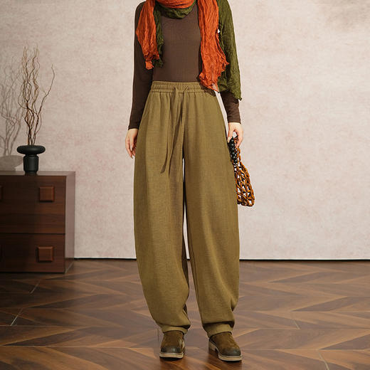 百媚生 苎麻加绒加厚休闲裤文艺百搭女裤子宽松灯笼裤棉裤TDA-8839 商品图0
