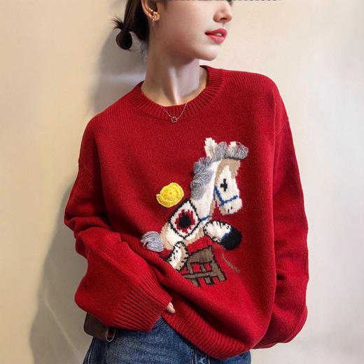 丁摩 羊毛混纺小马刺绣针织衫女式圆领套头毛衣Z25146 商品图0
