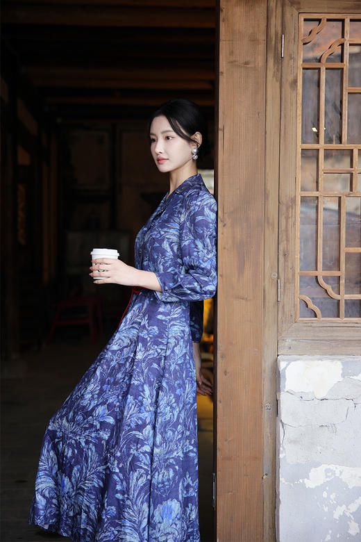【多件多折】逸红颜明月优选#沉静棉麻印花裙【莳光】职场西装领撞色连衣裙，古色古香日常款新中式，风静绽芳华 商品图13