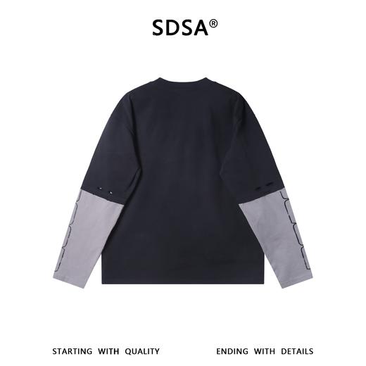 F7273SDSA男士秋冬新款痞帅男装美式破洞拼色圆领长袖T恤百搭时尚上衣 商品图5