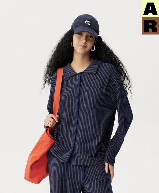 官网599！AR轻暖绒女士长袖长裤条纹翻领睡衣套装 时尚舒适可外穿家居服 高支半边绒董洁同款 商品图1