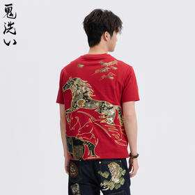 ONIARAI/鬼洗26春季新品泥棒蓝马剪影拼花布刺绣短袖T恤 26NOB30
