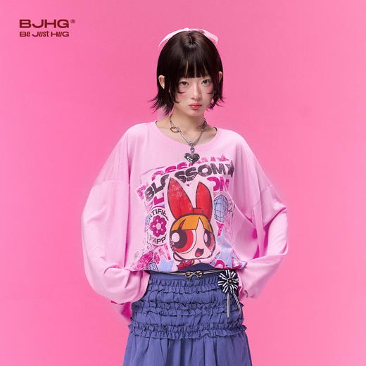 飞天小女警联名BJHG不计后果 长袖T恤女款夏季莱赛尔针织斜肩罩衫 商品图3