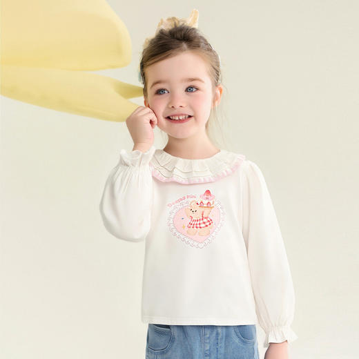笛莎Deesha 童装女童T恤2026春新款甜美风小熊蛋糕印花长袖T恤  商品图1