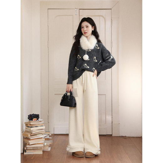 鹿向南「休闲软妹」杏色加绒休闲裤女秋冬宽松显瘦加厚阔腿长裤子 商品图2