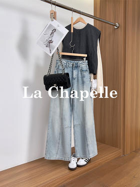专柜实拍【100棉+垂感有型】拉夏贝尔/La Chapelle复古水洗浅蓝牛仔直筒裤显瘦显腿直长裤