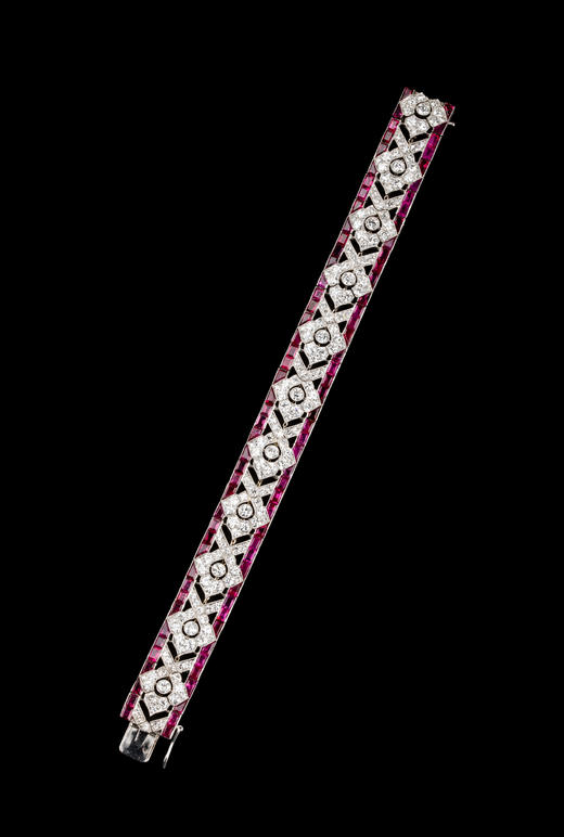 独角鹿西洋古董1920年代法国顶级珠宝世家梵克雅宝出品装饰艺术风格几何花卉造型铂金镶嵌红宝石及钻石手链 商品图2