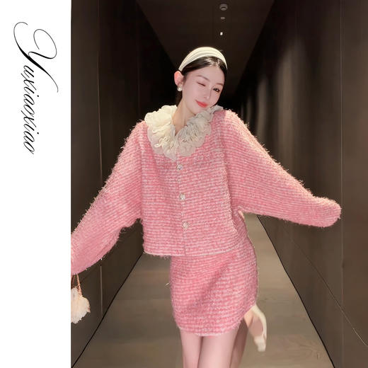 余潇潇【香榭花蕊】含羊毛立体花边连肩蝙蝠袖小香外套&包臀短半裙 商品图3