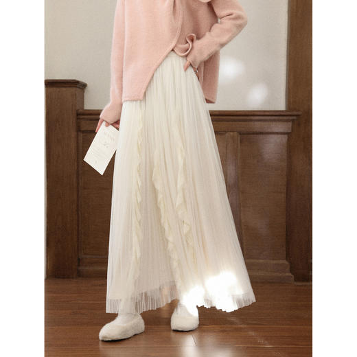 鹿向南「褶影罗曼」法式杏色纱裙女冬新款高腰垂感长款A字半身裙 商品图0