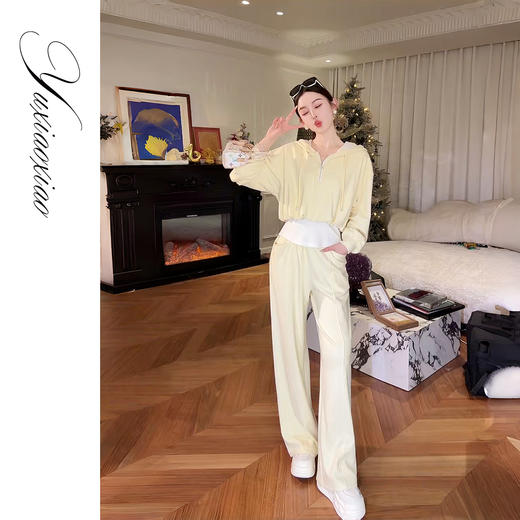 余潇潇【香草奶昔】时尚连帽拼接下摆假两件卫衣&直筒休闲裤套装 商品图4