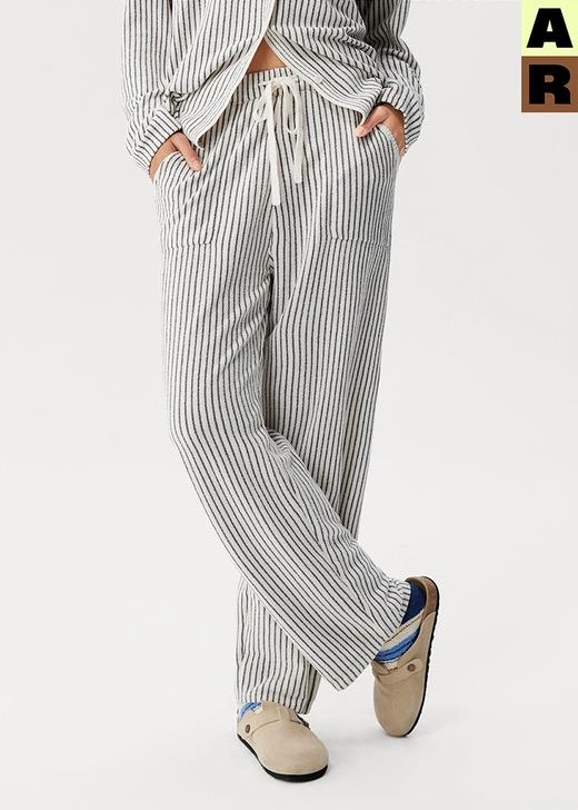 官网599！AR轻暖绒女士长袖长裤条纹翻领睡衣套装 时尚舒适可外穿家居服 高支半边绒董洁同款 商品图7