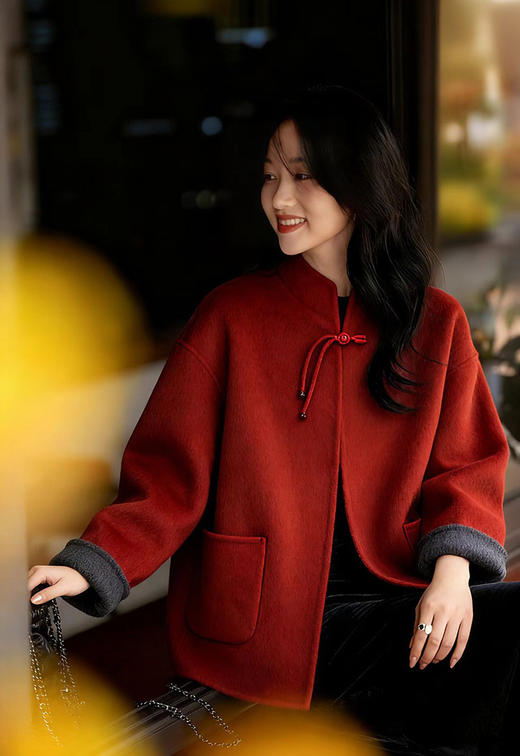 新款新中式拼色双面羊毛外套 商品图4