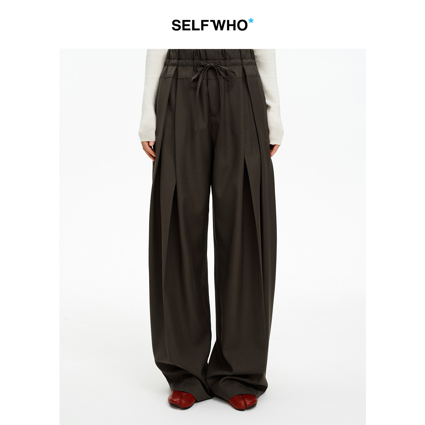 SELFWHO绵羊毛混纺宽腰头抽绳压褶阔腿裤女2026春新款收腰休闲裤