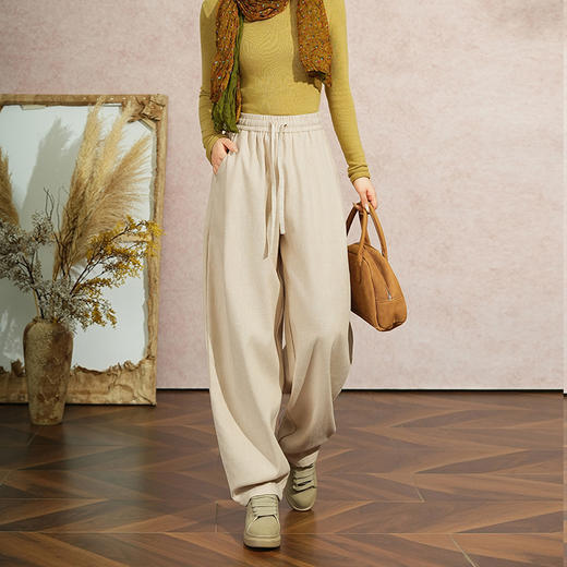 百媚生 苎麻加绒加厚休闲裤文艺百搭女裤子宽松灯笼裤棉裤TDA-8839 商品图3