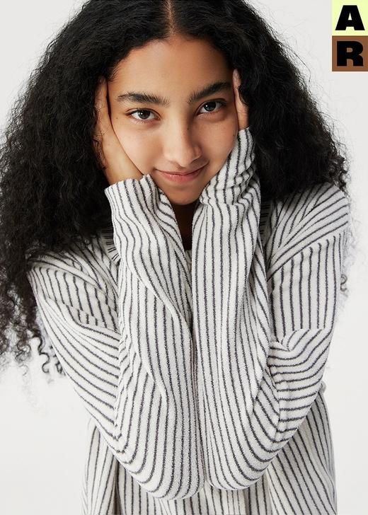 官网599！AR轻暖绒女士长袖长裤条纹翻领睡衣套装 时尚舒适可外穿家居服 高支半边绒董洁同款 商品图5