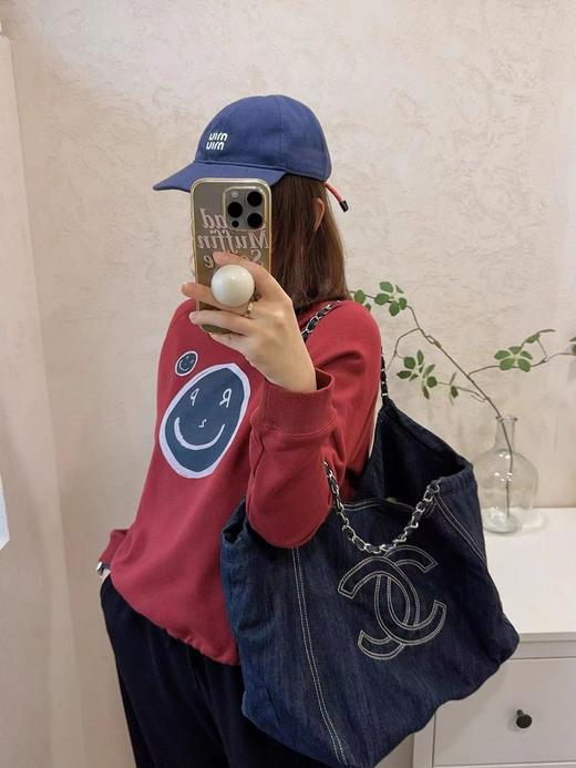 F010417休闲复古蓝调笑脸印花加绒上衣宽松下摆抽绳外穿女士卫衣 商品图5