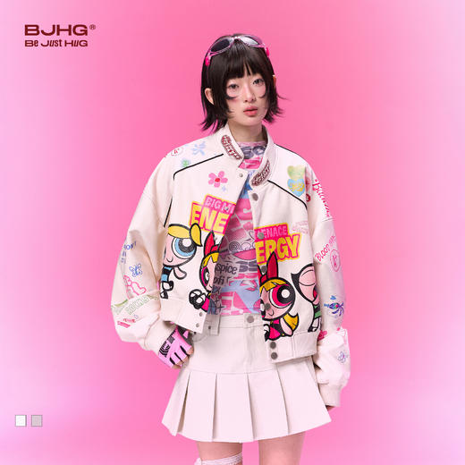 【飞天小女警联名】BJHG不计后果短款皮衣外套女春印花棒球服夹克 商品图0